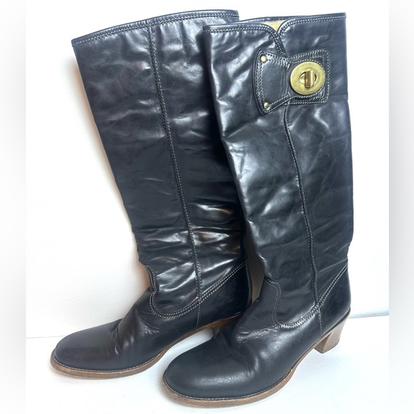 ♦️COACH Black Leather Knee High Boots Sara Boot Made in Italy Size 7.5B - Picture 1 of 11